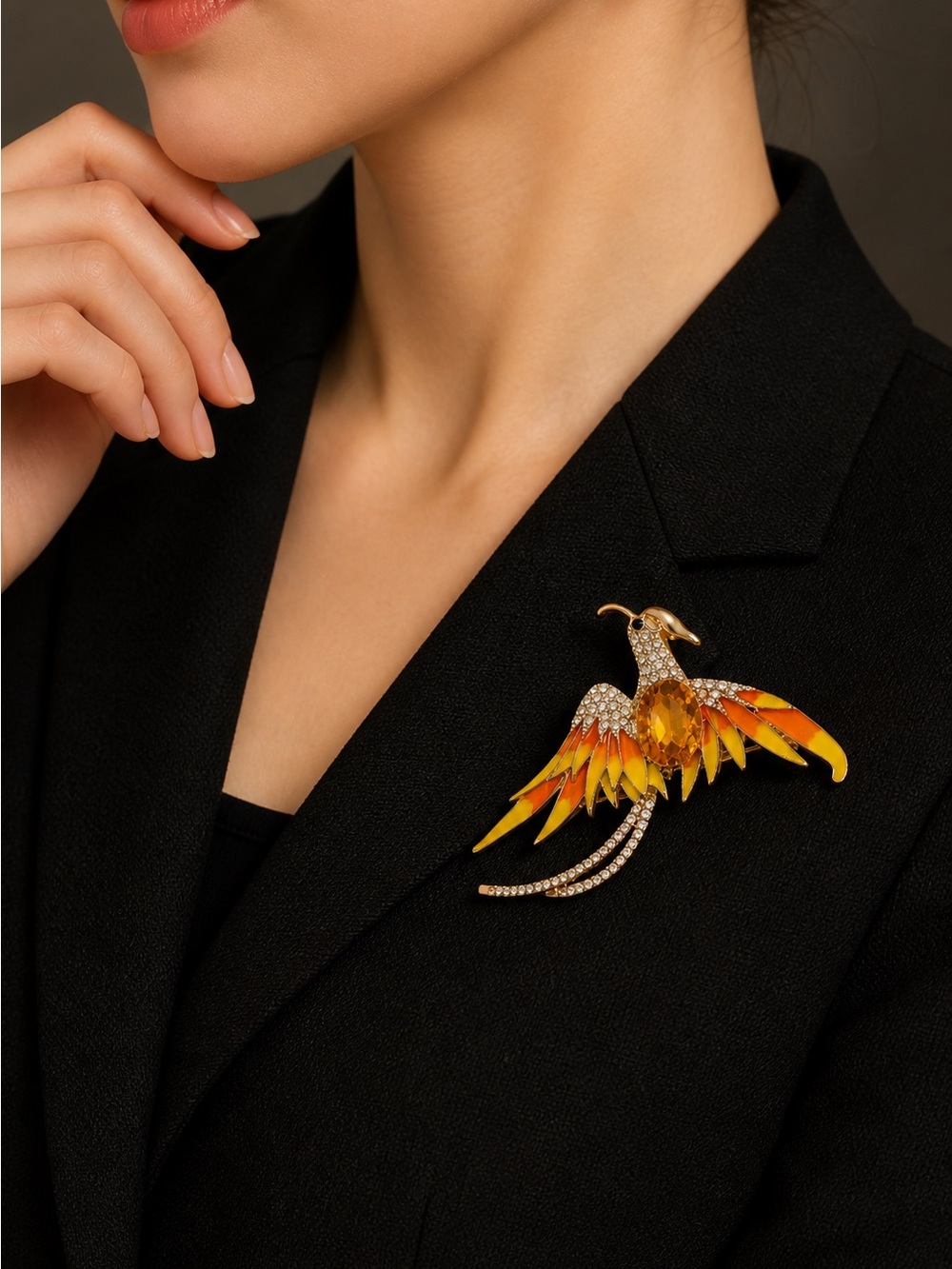 Golden Phoenix Bird Brooch with Amber Crystal and Enamel Wings - Picture 3 of 4